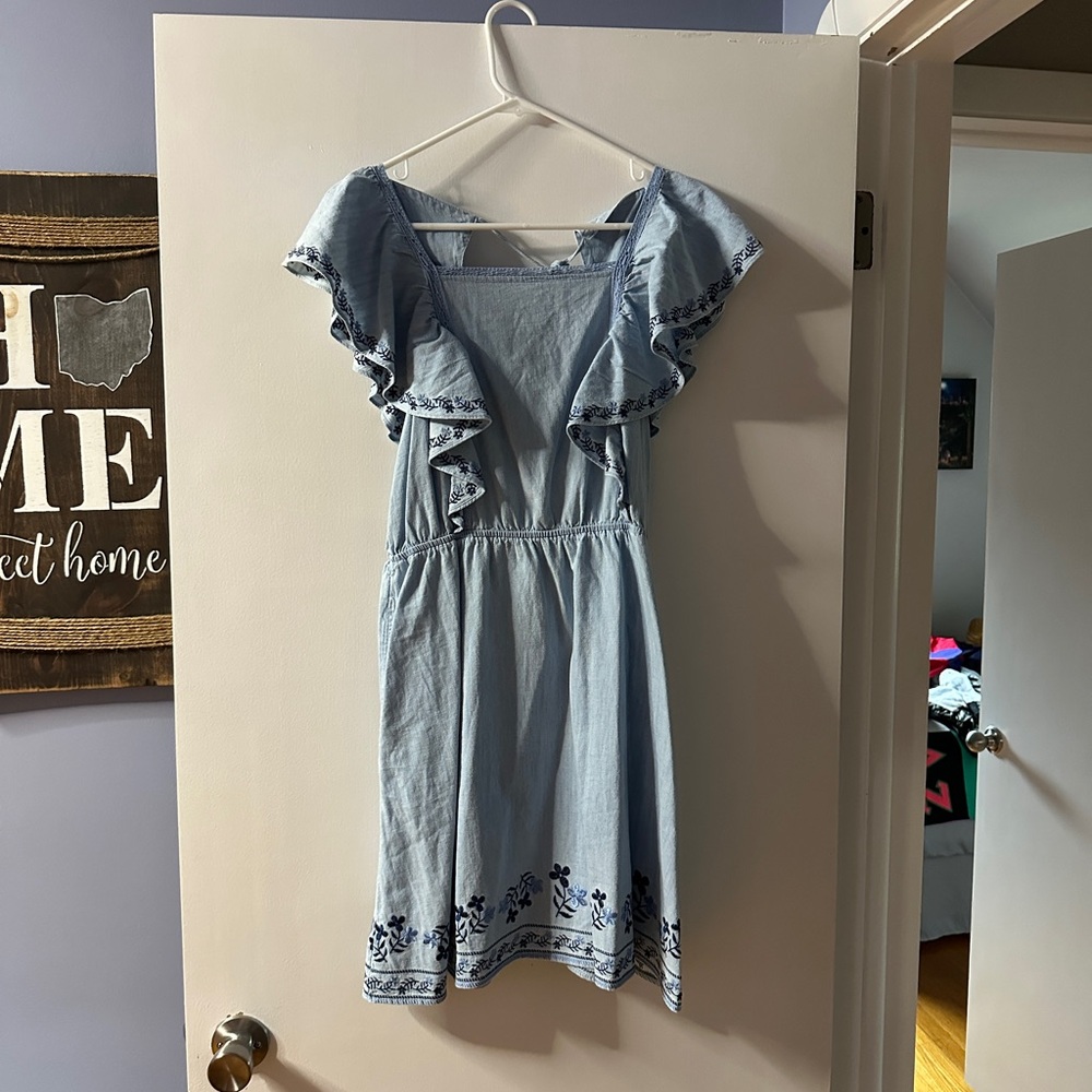 Blue Ruffled Dress with Floral Embroidery
